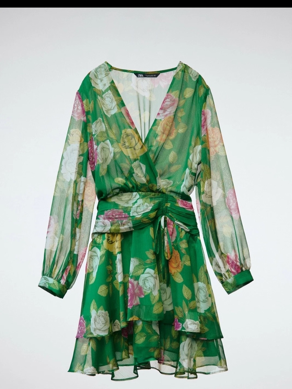 Zara Green Floral Wrap Dress with Long Sheer Sleeves